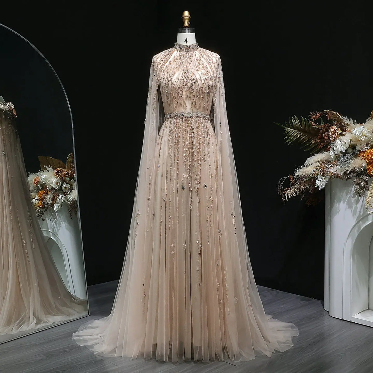Luxury Beaded Evening Dress with Cape Sleeve SS495 Luxury Beaded Evening Dress with Cape Sleeve SS495