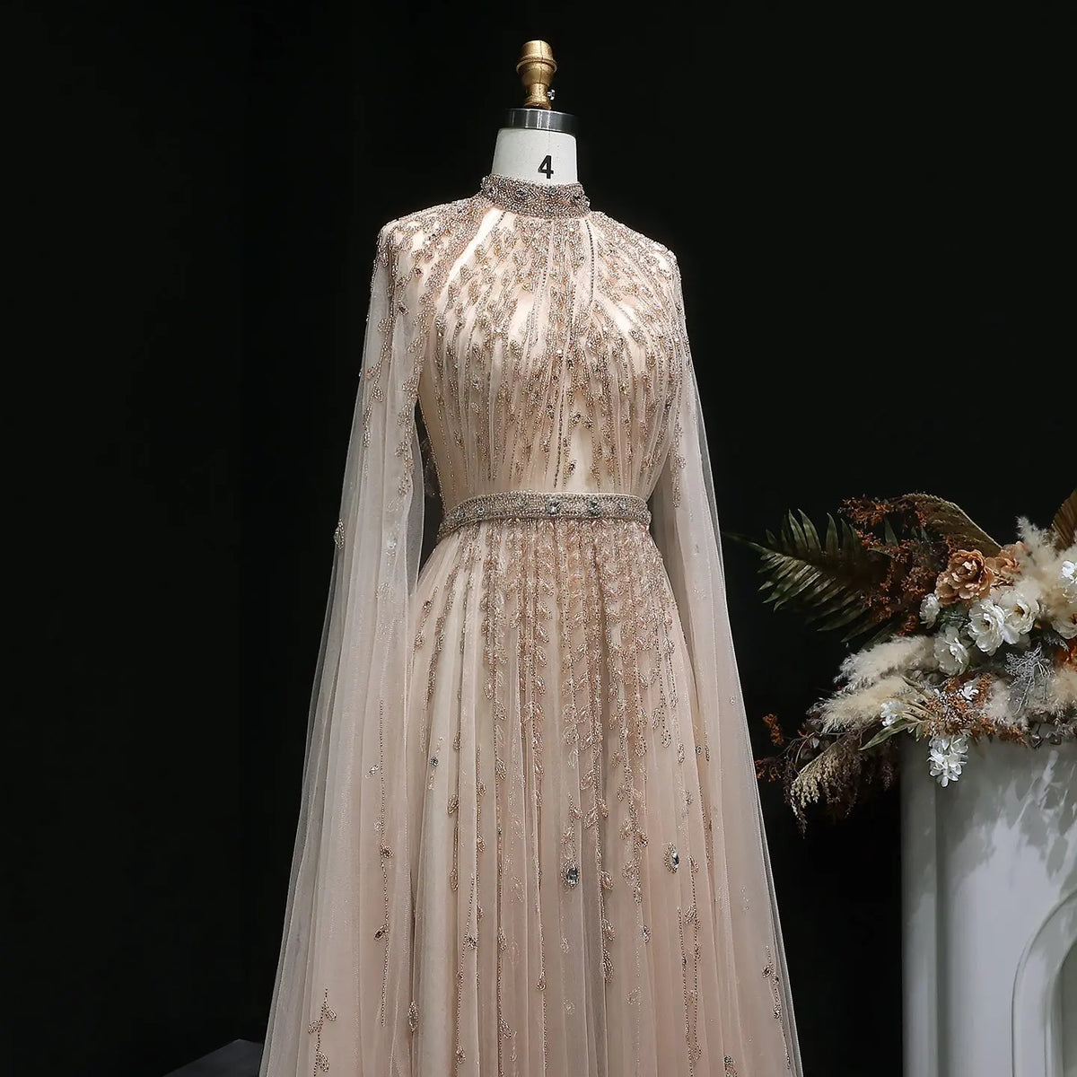 Luxury Beaded Evening Dress with Cape Sleeve SS495 - SHARONSAID Luxury Beaded Evening Dress with Cape Sleeve SS495 - SHARONSAID