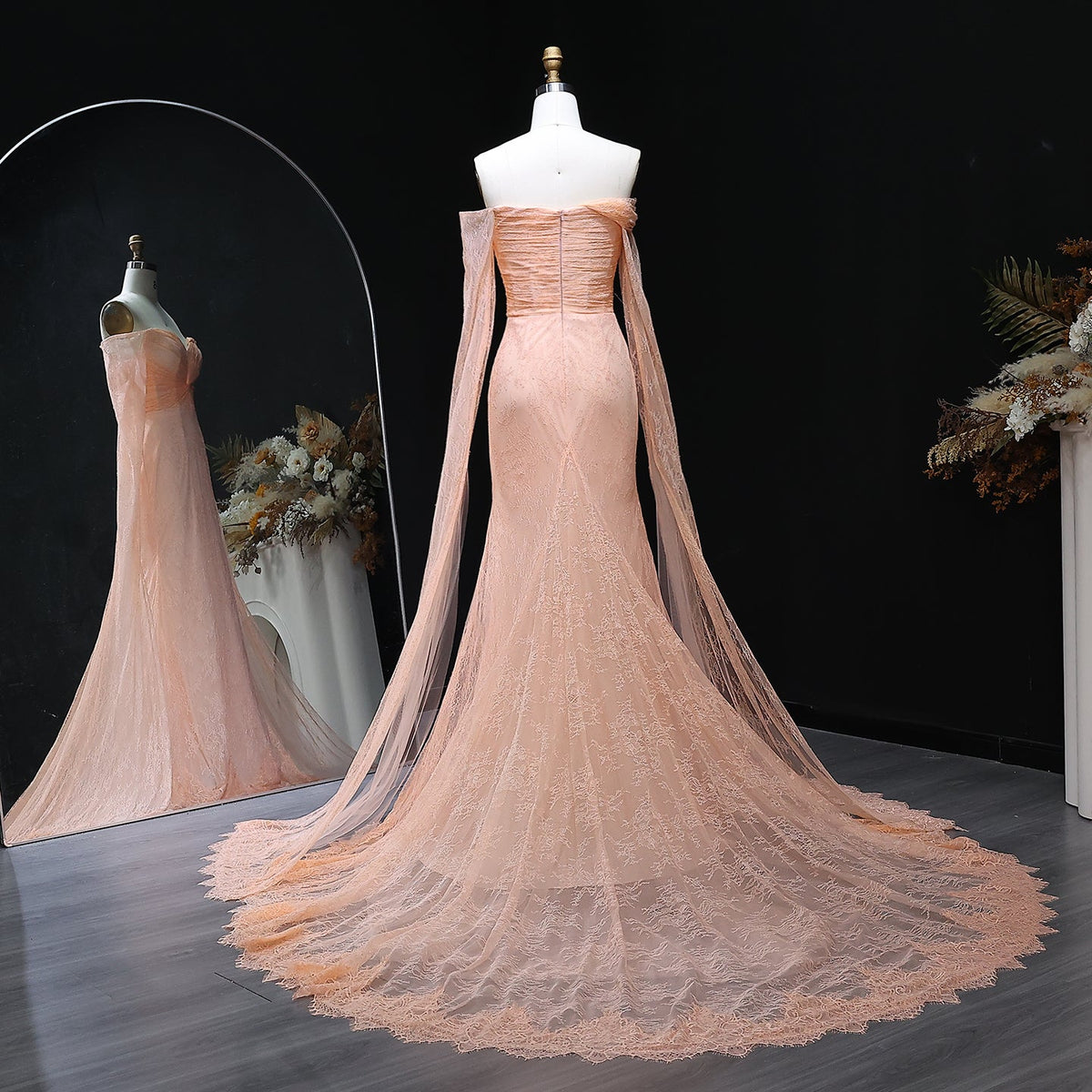 Purple Lace Mermaid Evening Dress with Cape Sleeves SF055