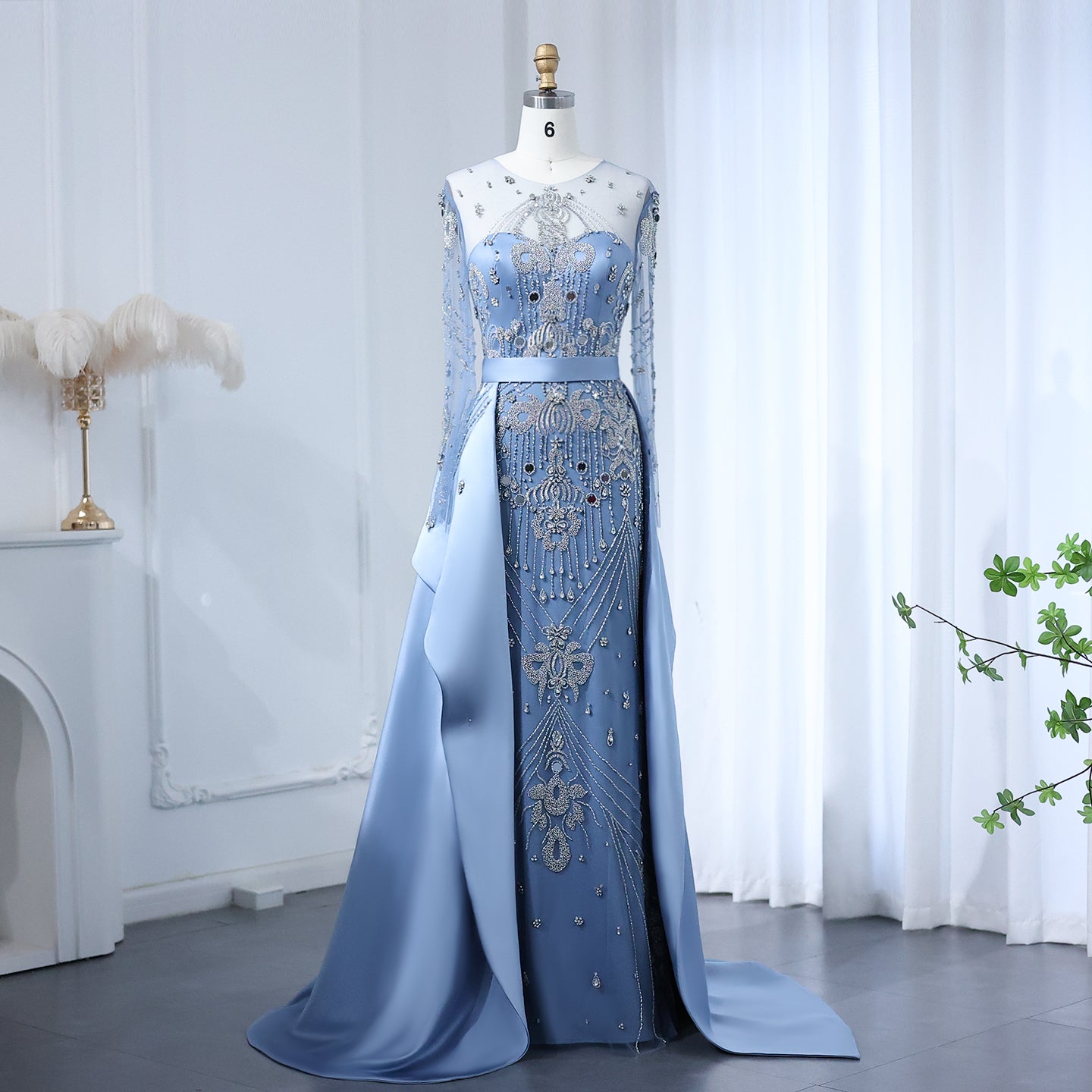 Luxury Beaded Blue Long Sleeves Evening Dress with Overskirt