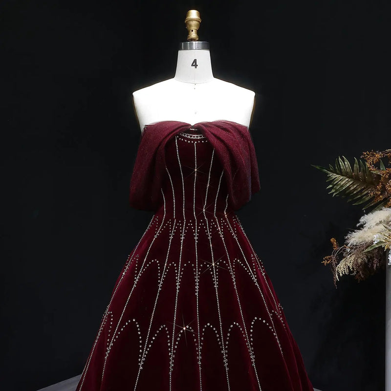 Burgundy Velvet Ball Gown Strapless Evening Dress SS274 