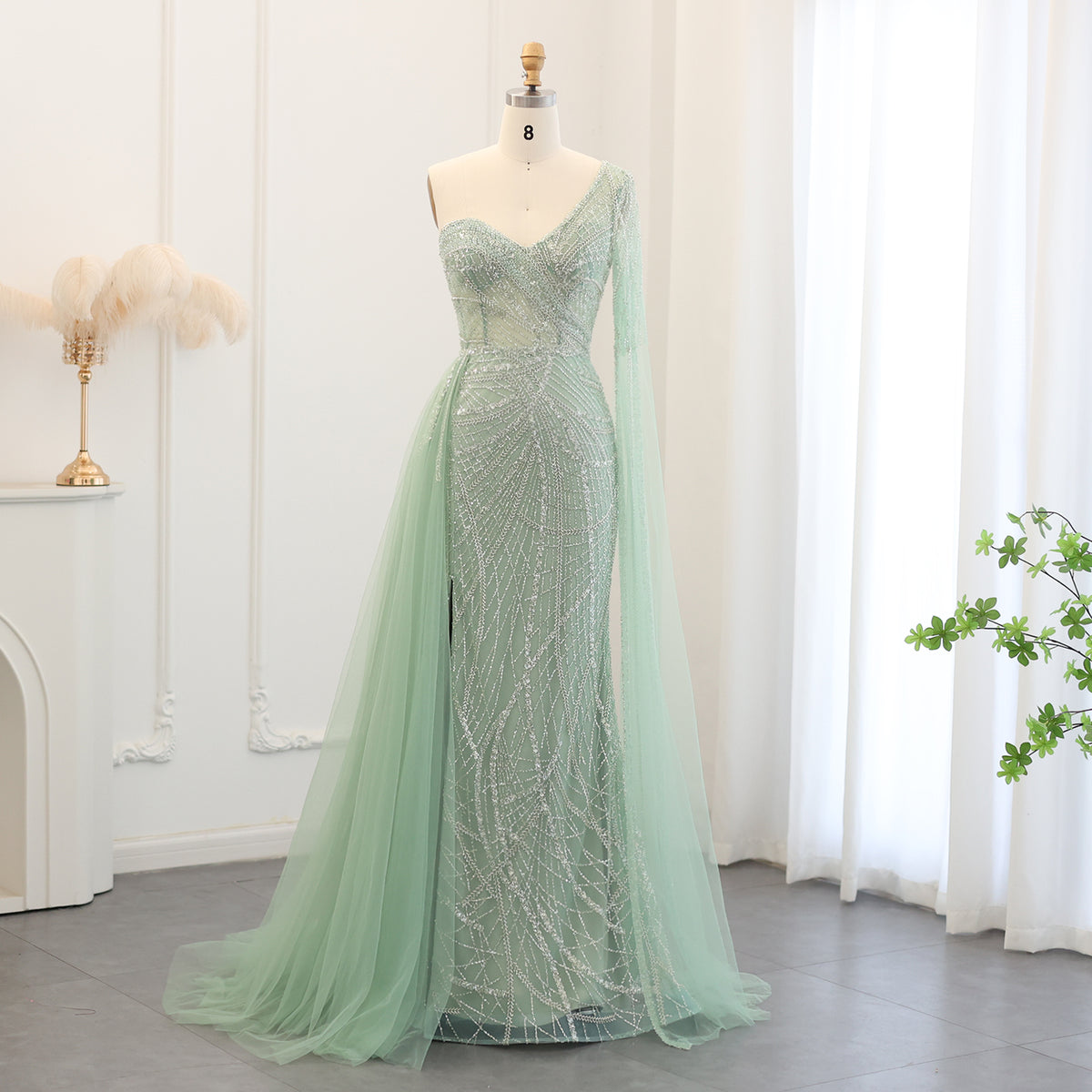 Sharon Said Luxury Mermaid One Shoulder Sage Green Evening Dress with Cape Sleeves Plus Size Women Blue Wedding Party Gown SS054