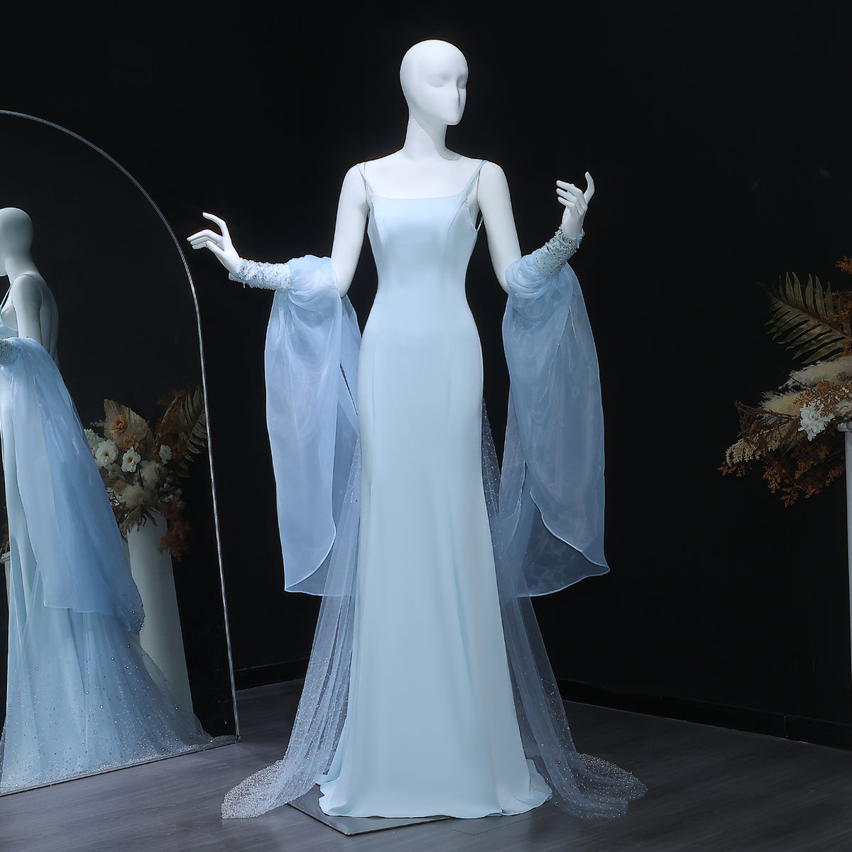 Elegant Light Blue Crystal Evening Dress with Puff Sleeves and Cape SS261 