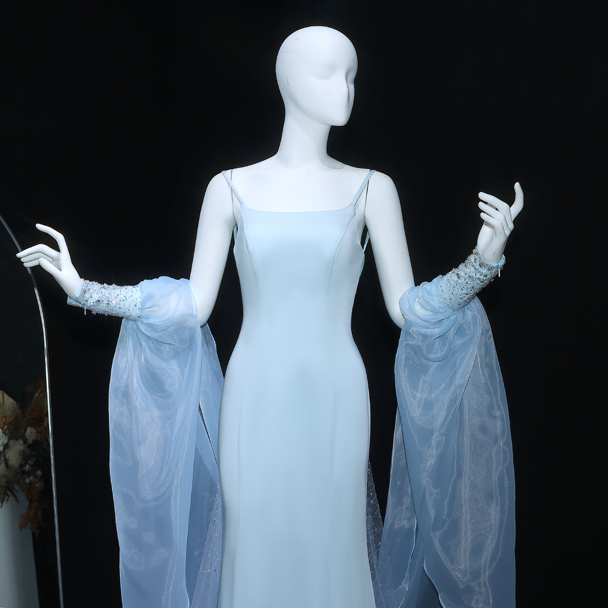 Elegant Light Blue Crystal Evening Dress with Puff Sleeves and Cape SS261 