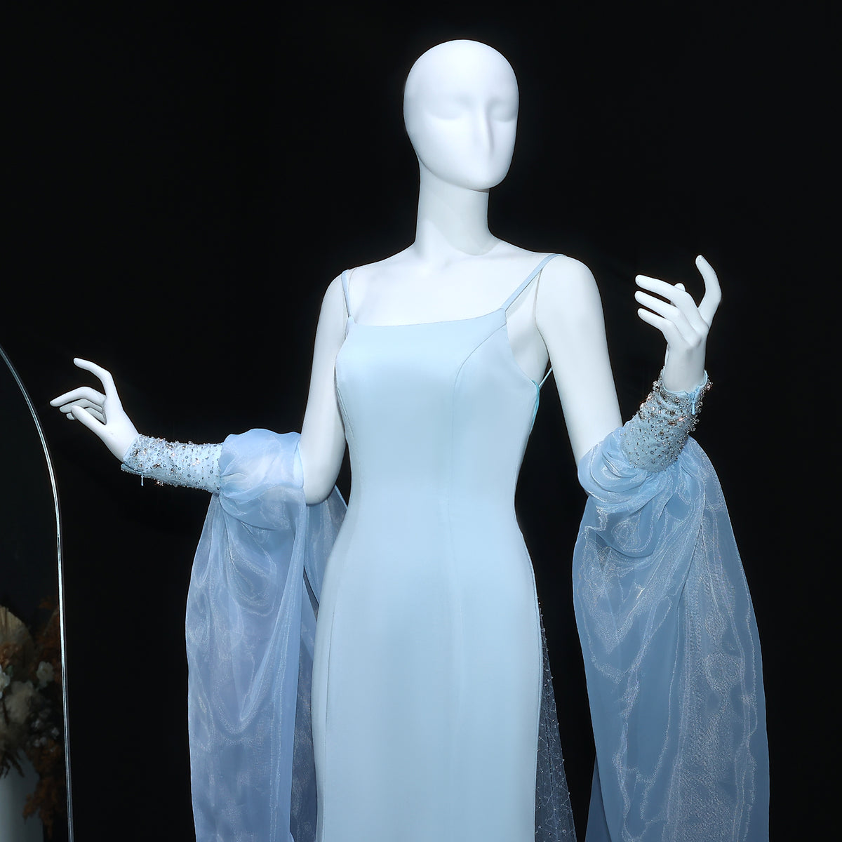 Elegant Light Blue Crystal Evening Dress with Puff Sleeves and Cape SS261 