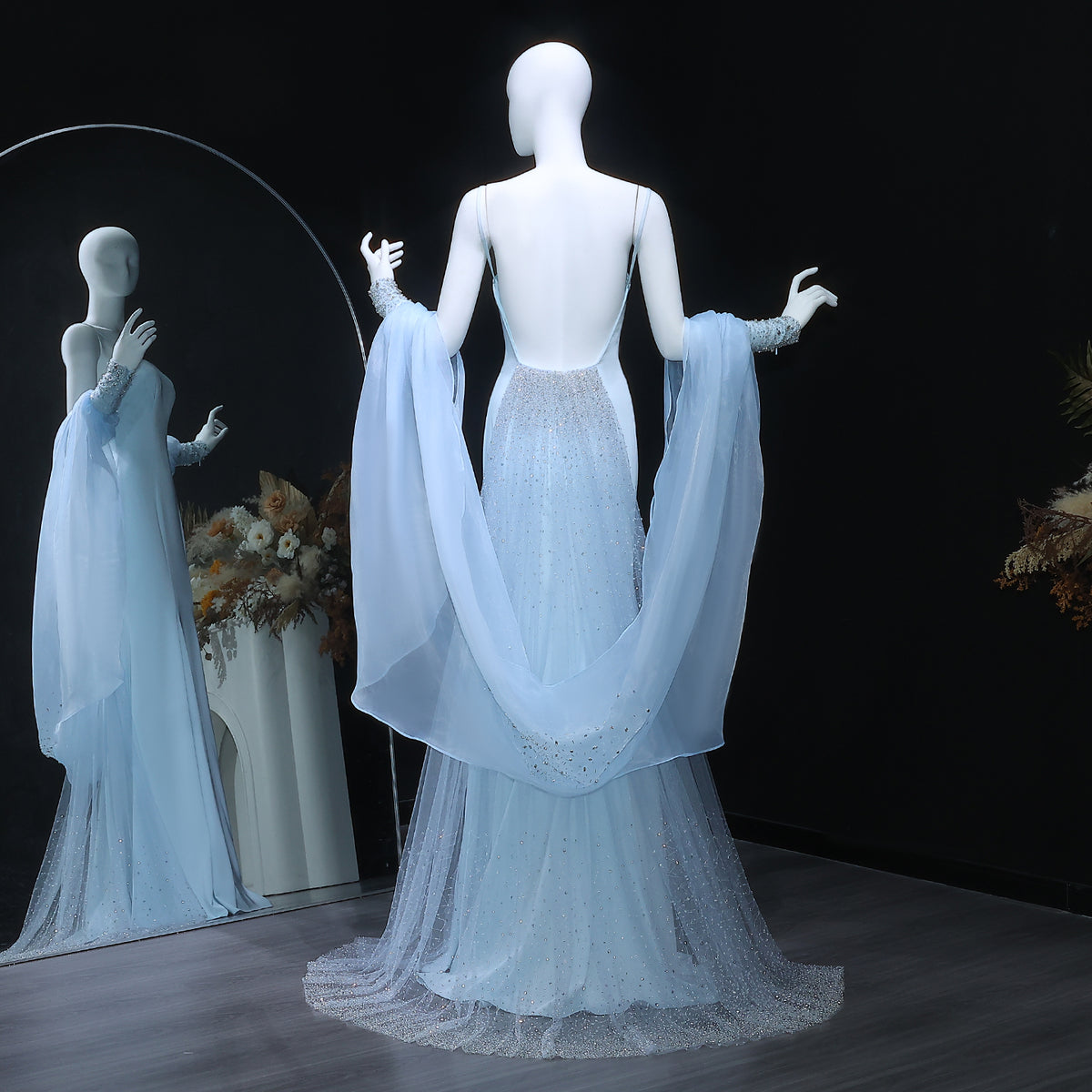 Elegant Light Blue Crystal Evening Dress with Puff Sleeves and Cape SS261 