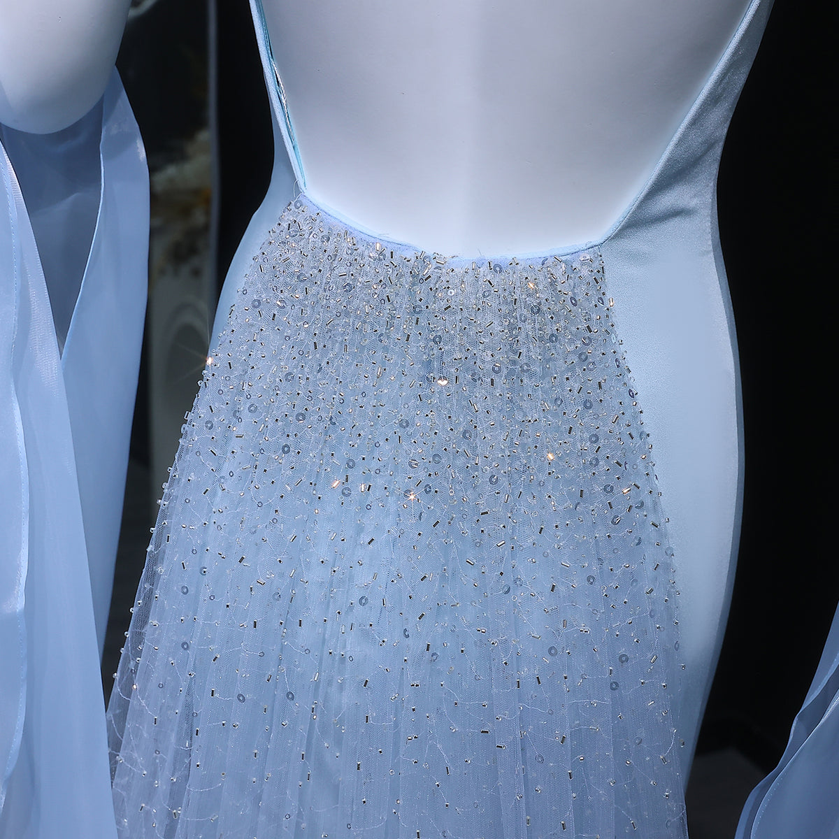 Elegant Light Blue Crystal Evening Dress with Puff Sleeves and Cape SS261 