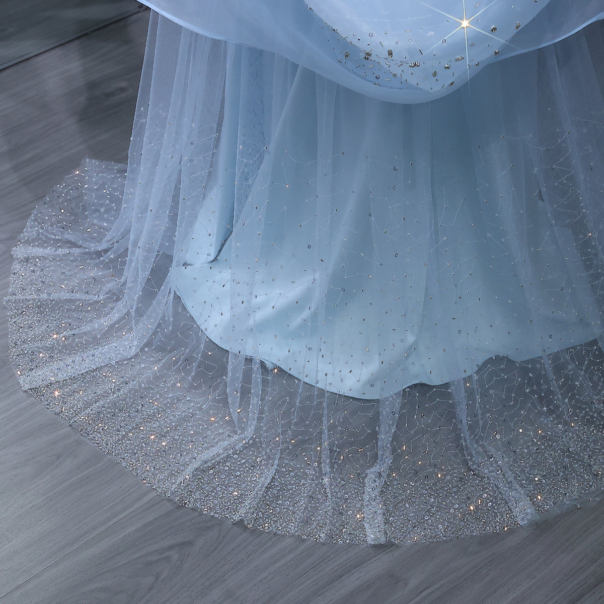 Elegant Light Blue Crystal Evening Dress with Puff Sleeves and Cape SS261 