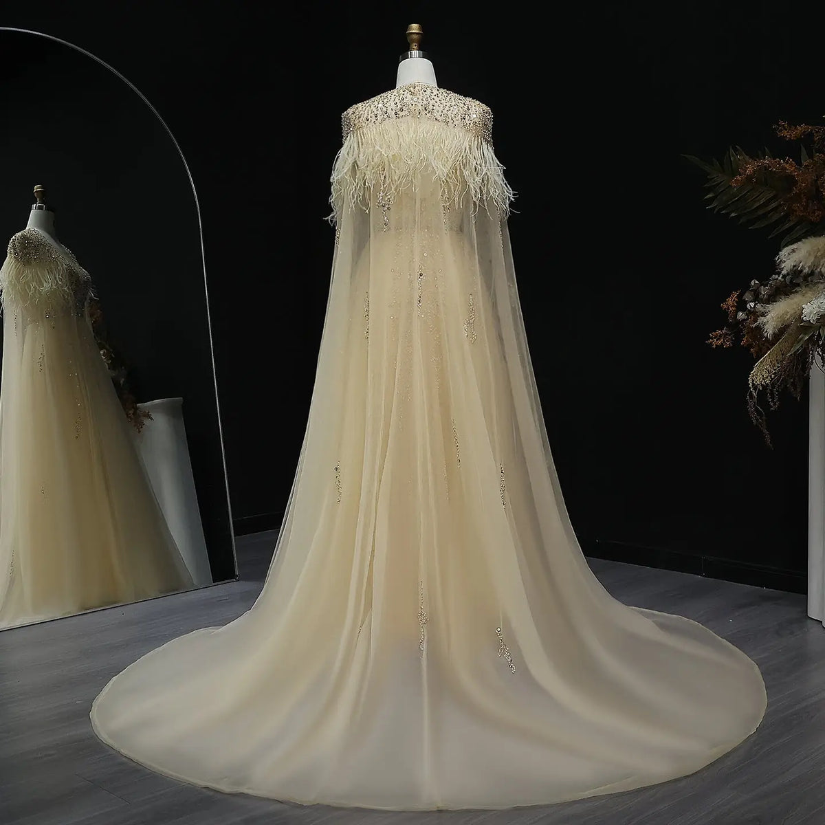 For Sale Silver Evening Dresses with Feather Cape Shawl SS147 - SHARONSAID For Sale Silver Evening Dresses with Feather Cape Shawl SS147 - SHARONSAID