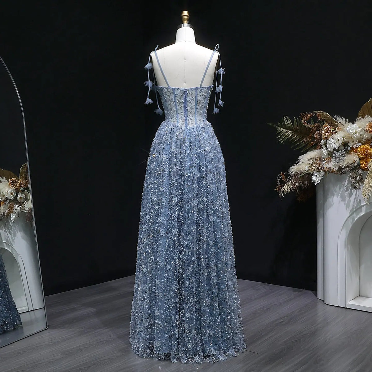 Delicate Pink 3D Floral Spaghetti Evening Dress SS701 