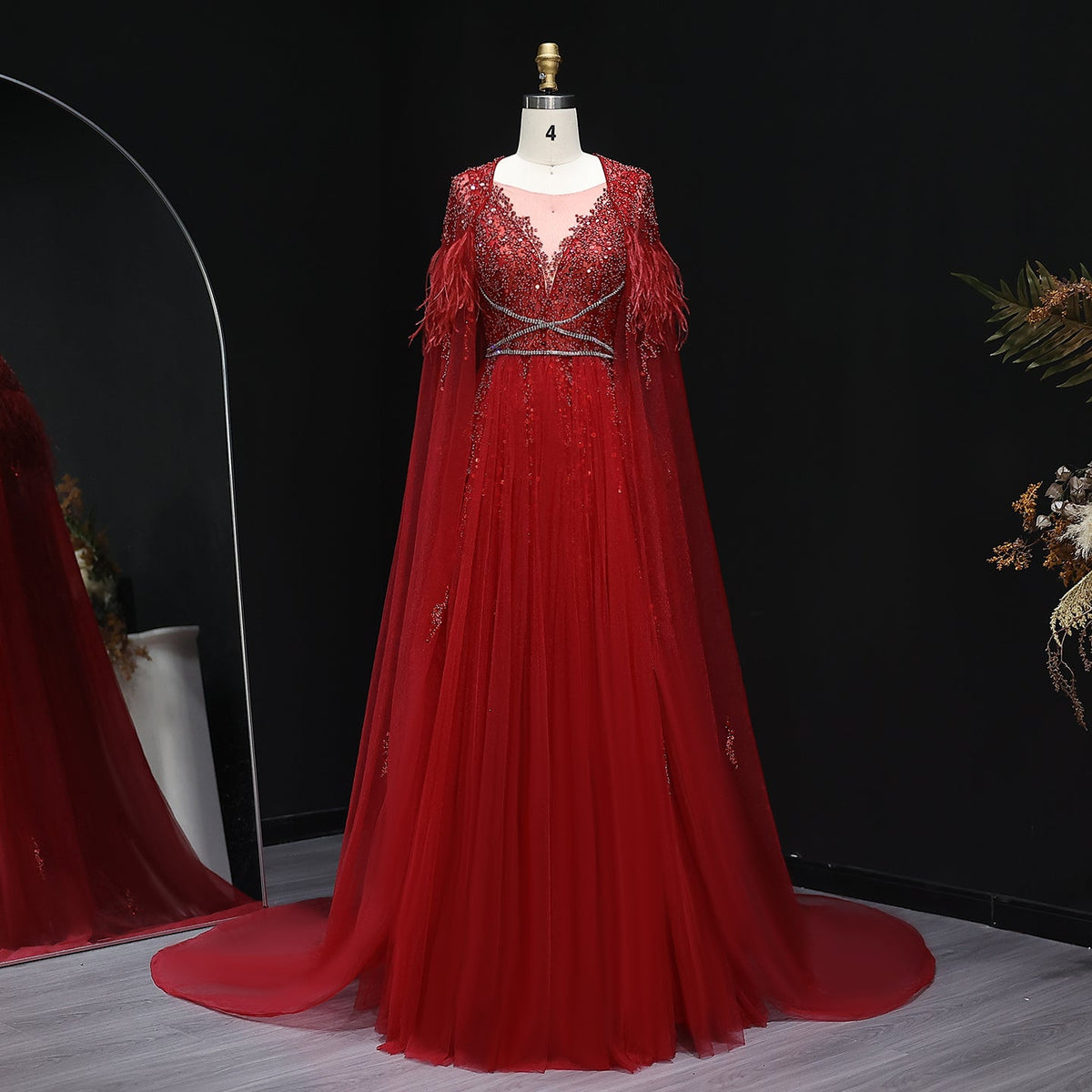 For Sale Silver Evening Dresses with Feather Cape Shawl SS147  Wine Red / US 20