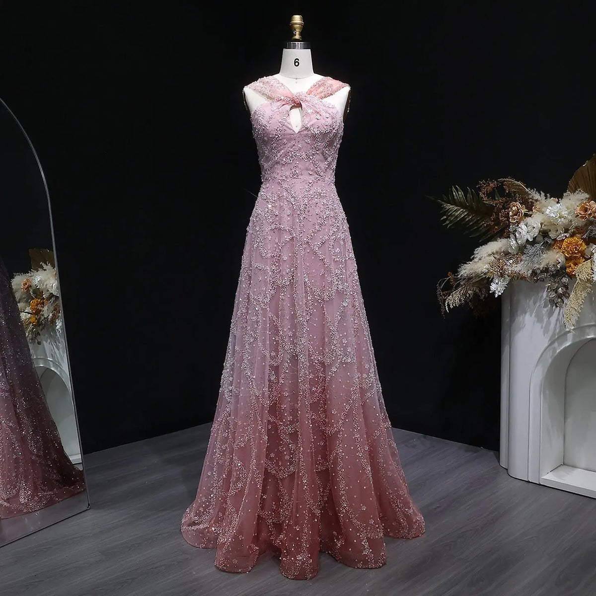 Luxury Gradient Pink Halter Neck Beaded Sequin Evening Dress SS709 