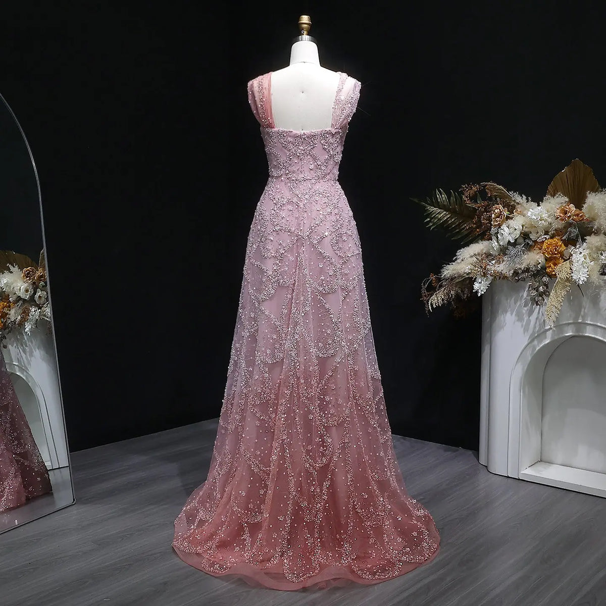Luxury Gradient Pink Halter Neck Beaded Sequin Evening Dress SS709 