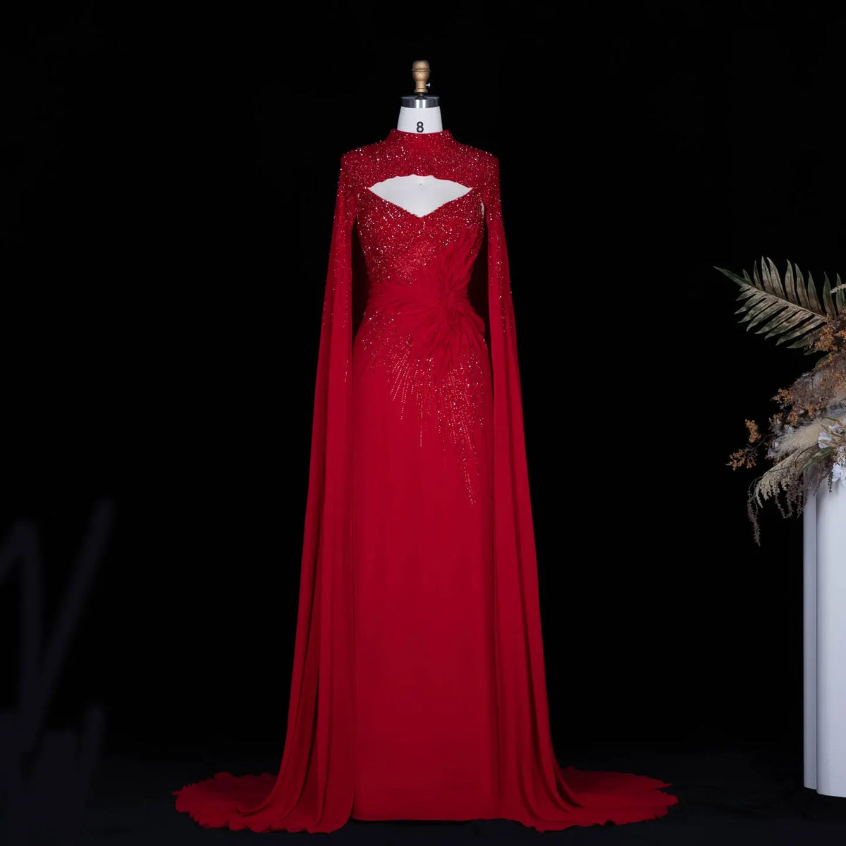Navy Blue Cape Sleeve Beaded Formal Evening Dress SS074-11
