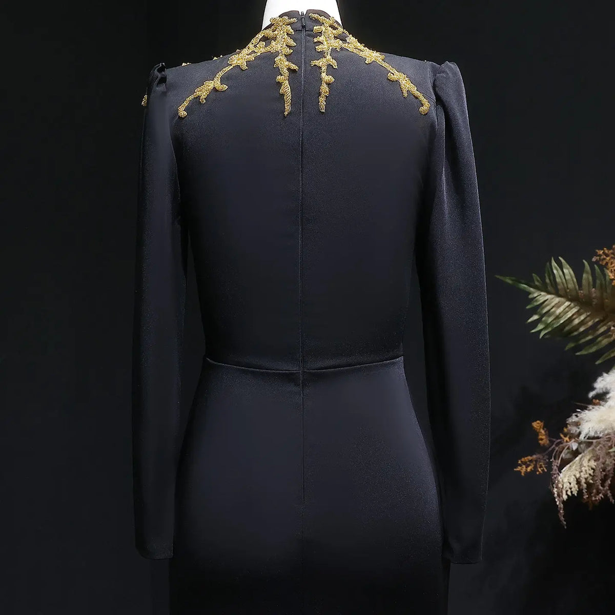 Elegant Black Long Sleeves Evening Dress with Gold Beaded SS217 