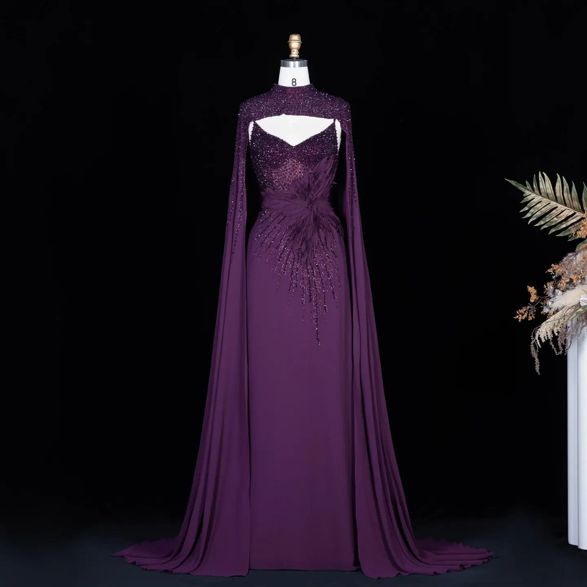 Navy Blue Cape Sleeve Beaded Formal Evening Dress SS074-3