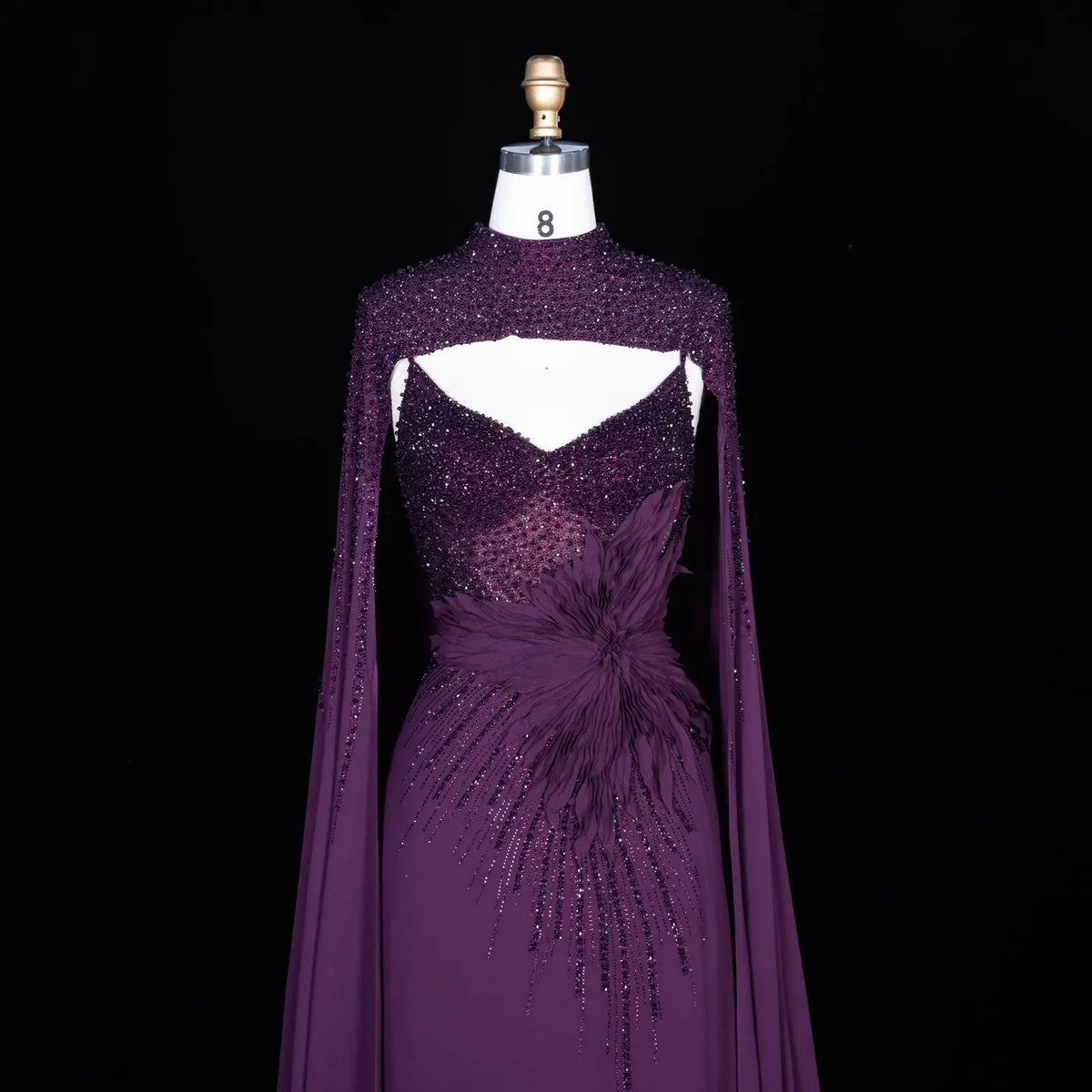 Navy Blue Cape Sleeve Beaded Formal Evening Dress SS074-21