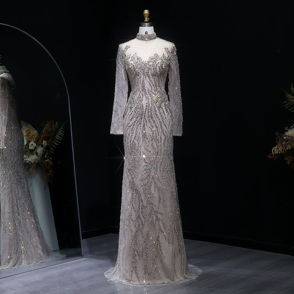 Elegant Nude Sequin Long Sleeve Evening Dress SS623 