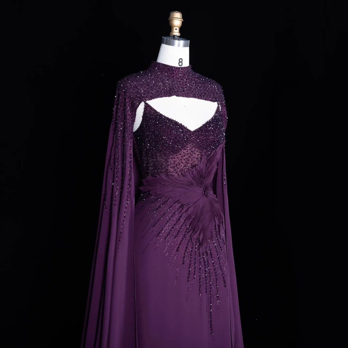 Navy Blue Cape Sleeve Beaded Formal Evening Dress SS074-22