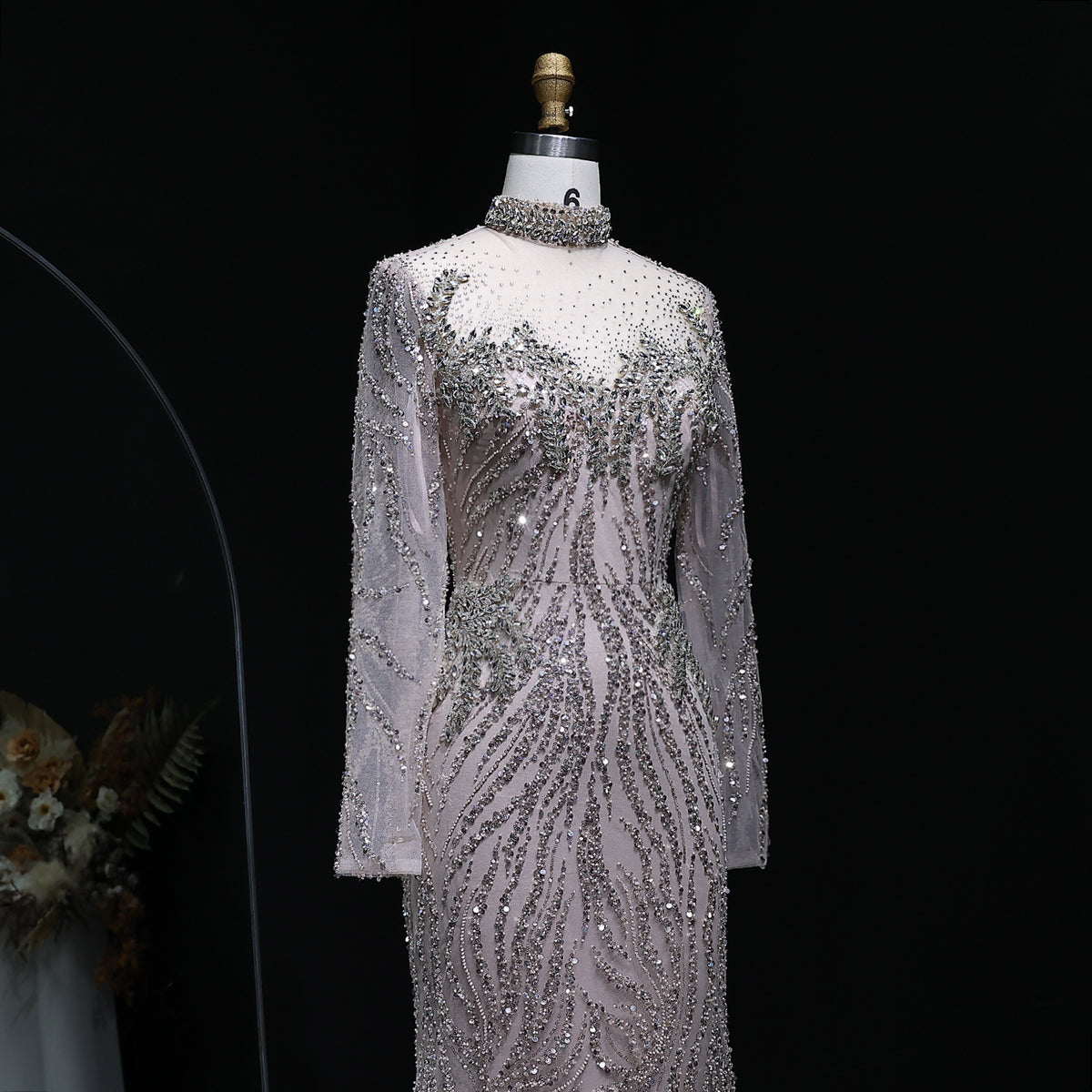 Elegant Nude Sequin Long Sleeve Evening Dress SS623 