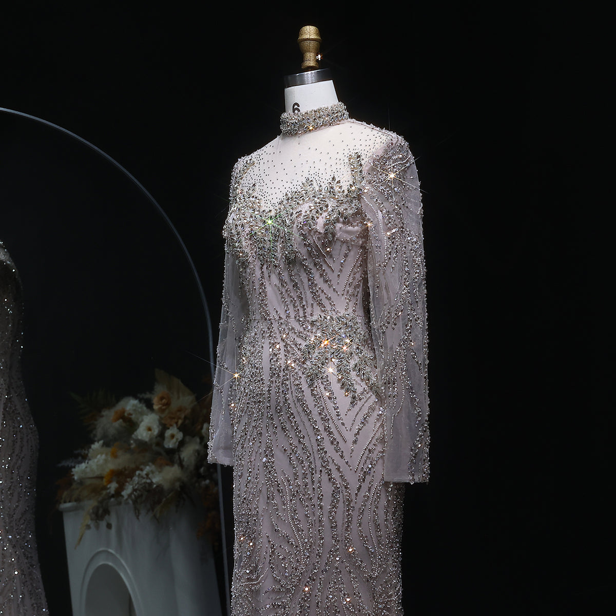 Elegant Nude Sequin Long Sleeve Evening Dress SS623 