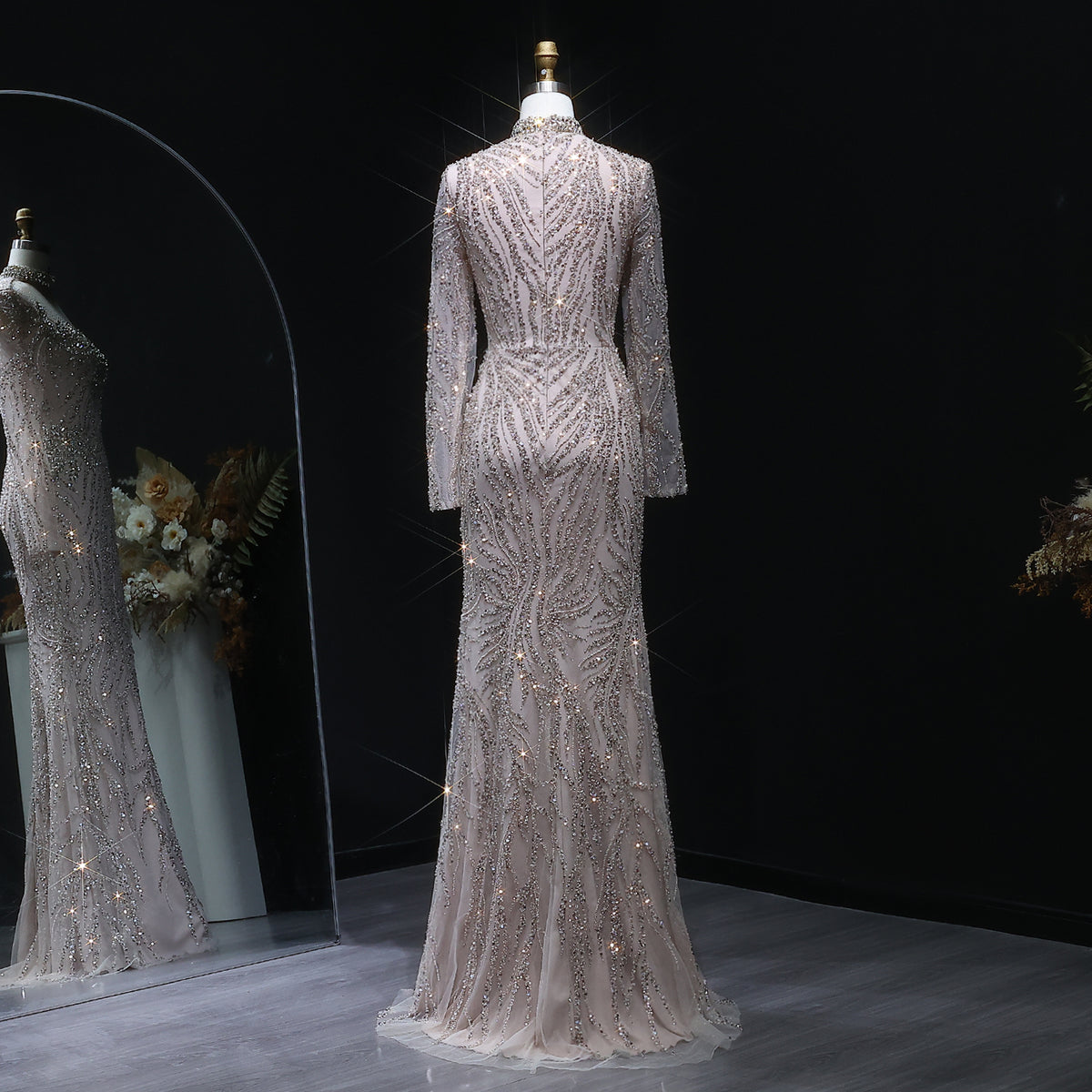 Elegant Nude Sequin Long Sleeve Evening Dress SS623 