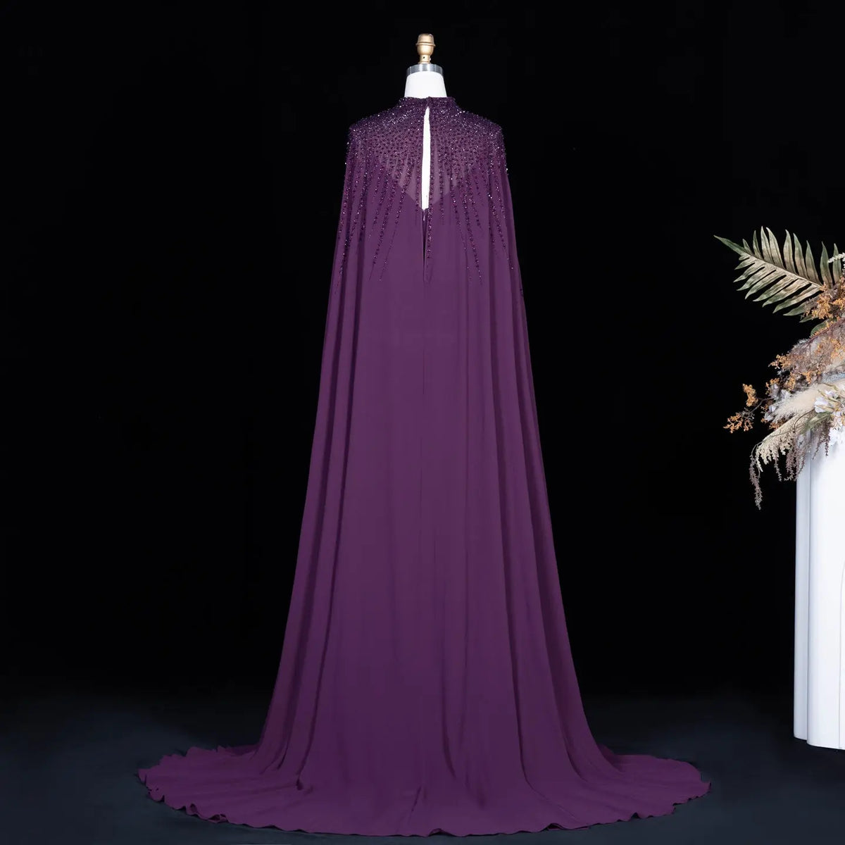 Navy Blue Cape Sleeve Beaded Formal Evening Dress SS074-25