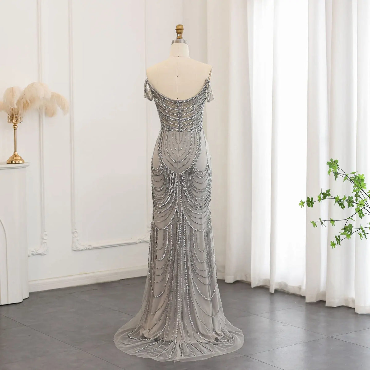 gray mermaid prom dress Sparkly Silver Floral Sequin Gray Open Back Mermaid Prom Dress
