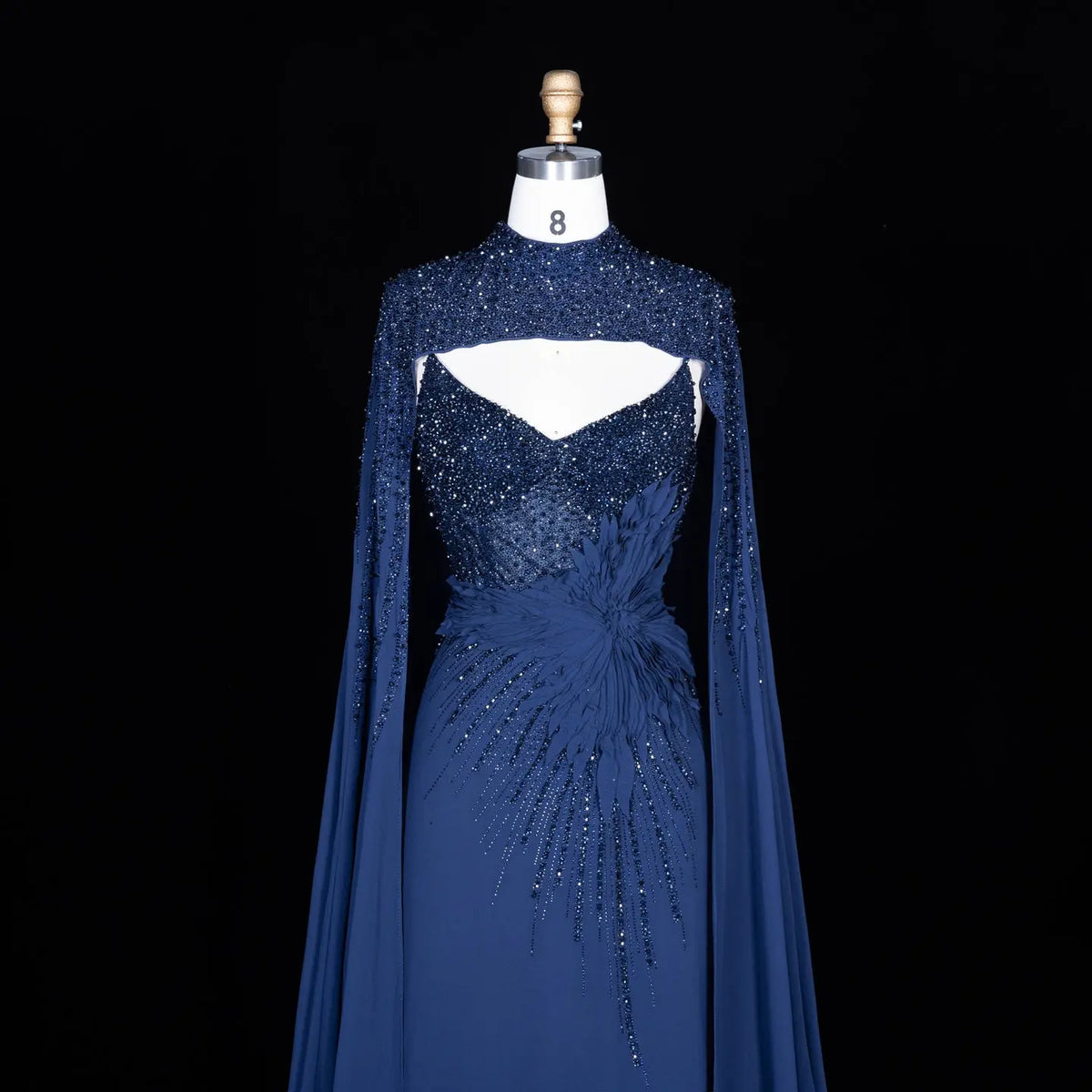 Navy Blue Cape Sleeve Beaded Formal Evening Dress SS074-4