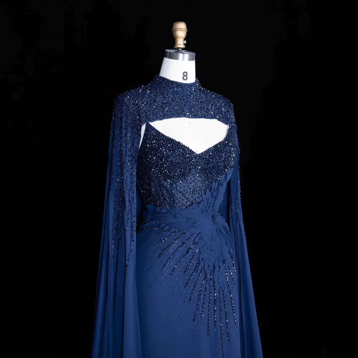 Navy Blue Cape Sleeve Beaded Formal Evening Dress SS074-5