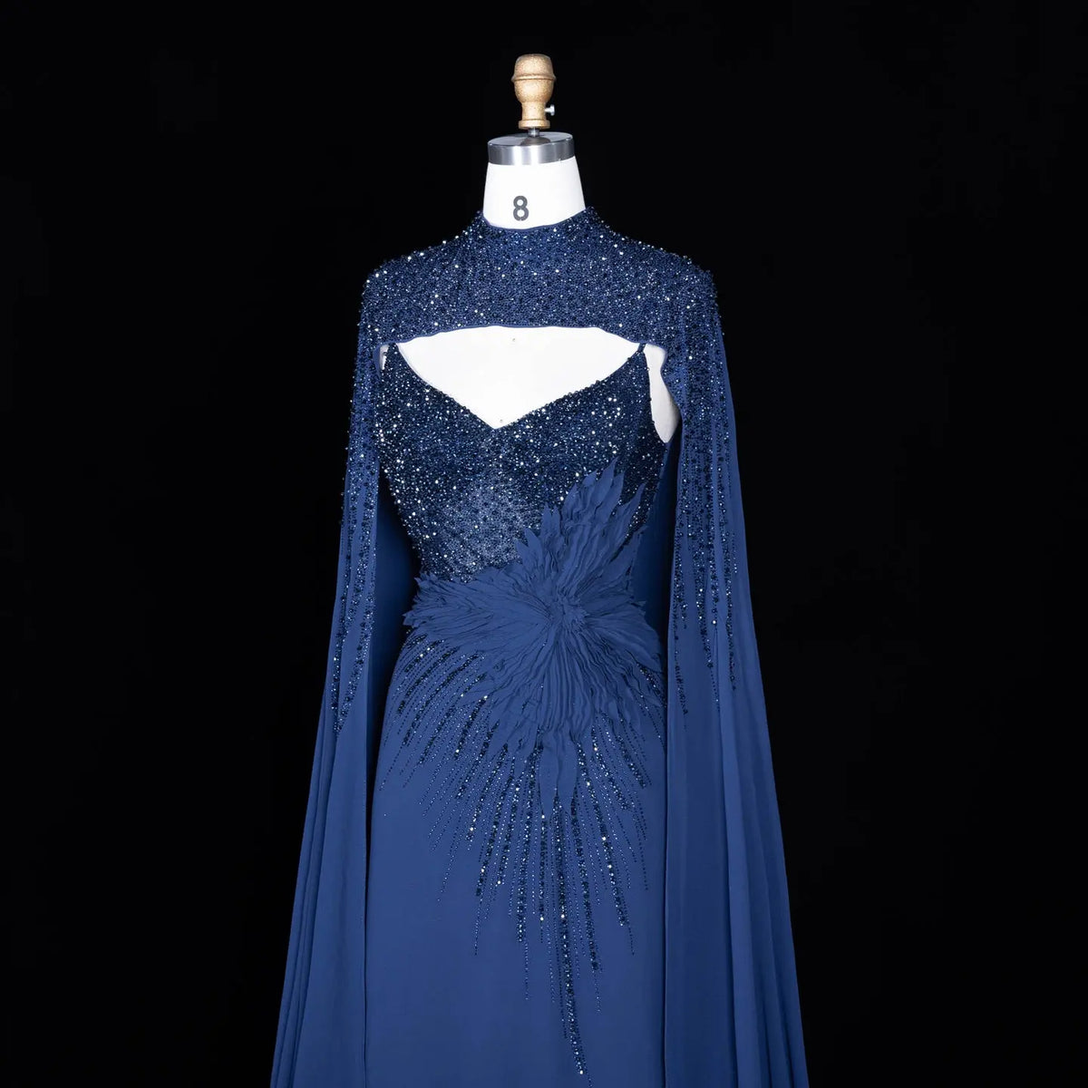 Navy Blue Cape Sleeve Beaded Formal Evening Dress SS074-6