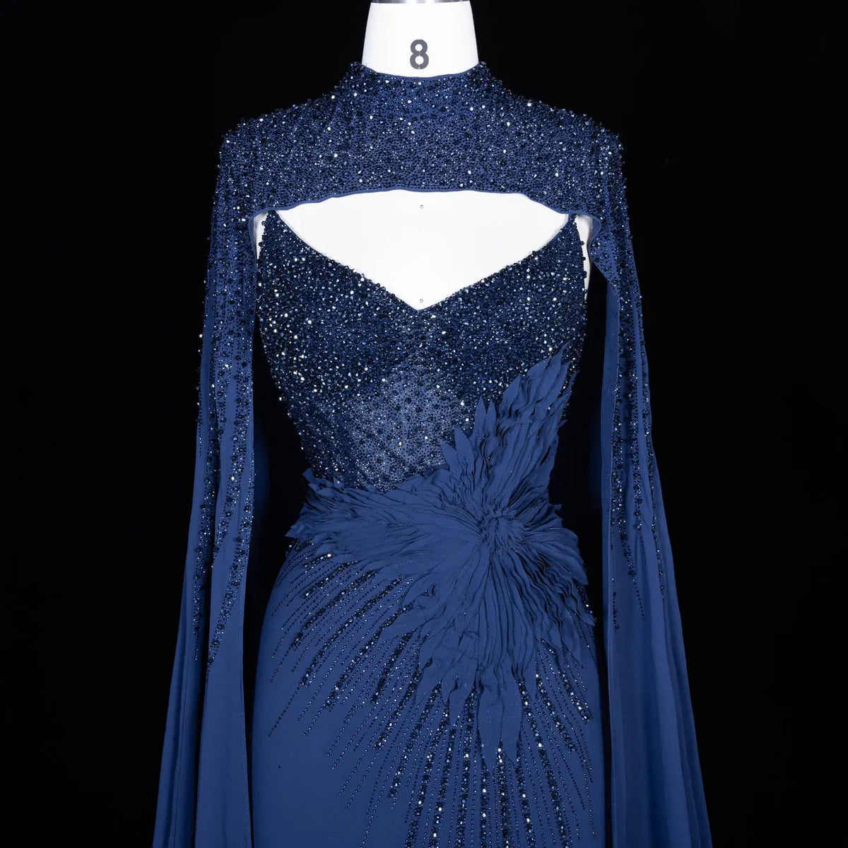 Navy Blue Cape Sleeve Beaded Formal Evening Dress SS074-7