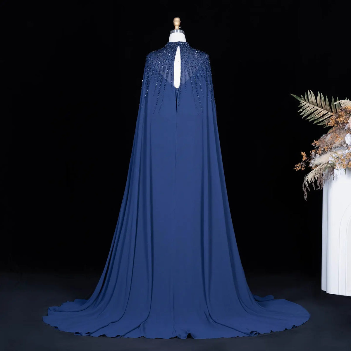 Navy Blue Cape Sleeve Beaded Formal Evening Dress SS074-9