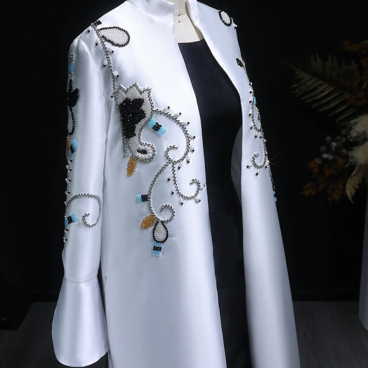 Elegant Black White Mandarin-Collar Pearl Embroidered Evening Dress XD028 Elegant Black White Mandarin-Collar Pearl Embroidered Evening Dress XD028