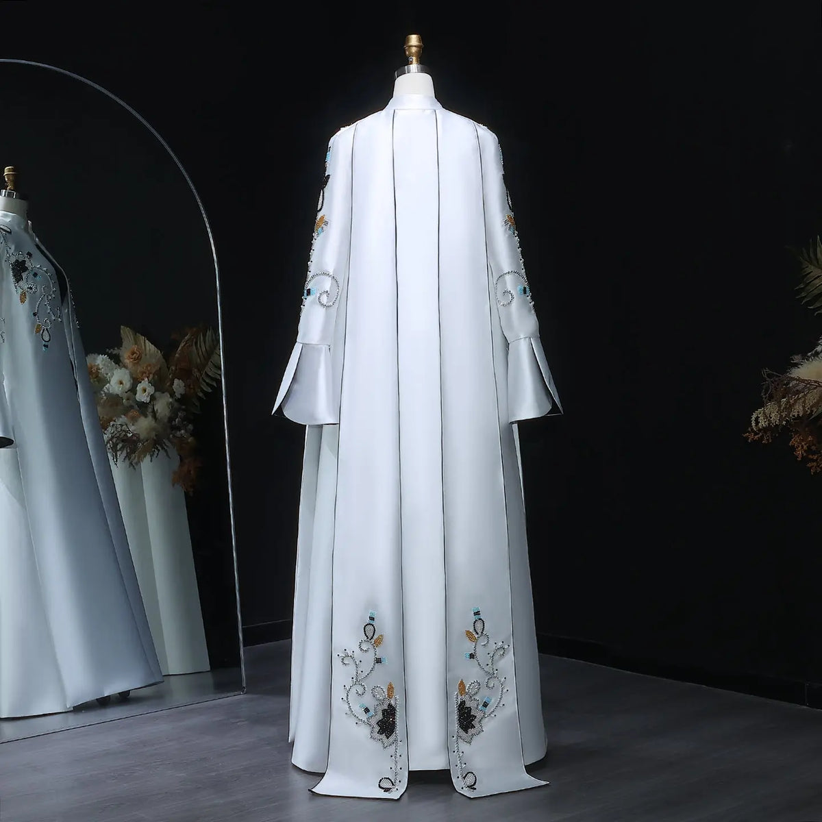 Elegant Black White Mandarin-Collar Pearl Embroidered Evening Dress XD028 Elegant Black White Mandarin-Collar Pearl Embroidered Evening Dress XD028