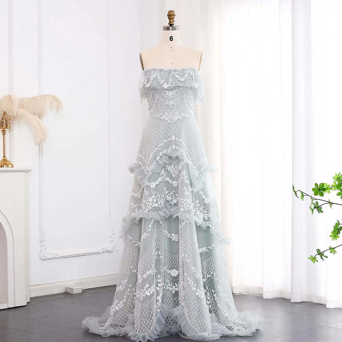 Luxury Silver Gray Off Shoulder Evening Dress SS485 