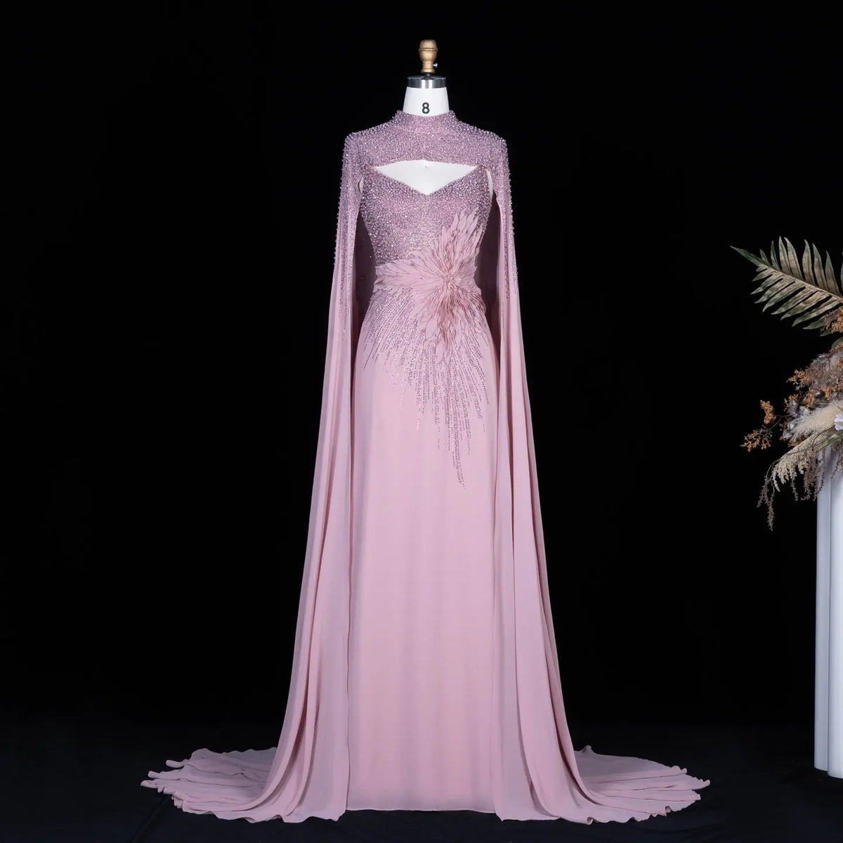 Navy Blue Cape Sleeve Beaded Formal Evening Dress SS074-12