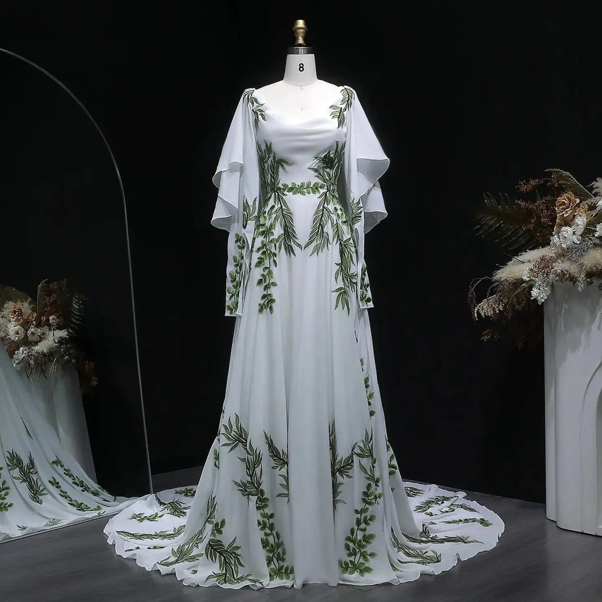 Luxury White & Green Botanical Print Cape Boho Train Wedding Dress SW642 Luxury White & Green Botanical Print Cape Boho Train Wedding Dress SW642