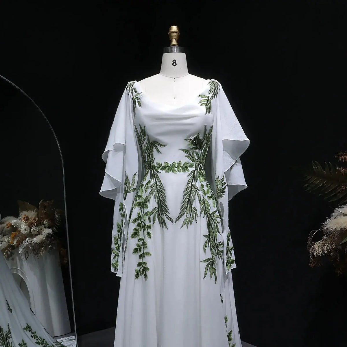 Luxury White & Green Botanical Print Cape Boho Train Wedding Dress SW642 
