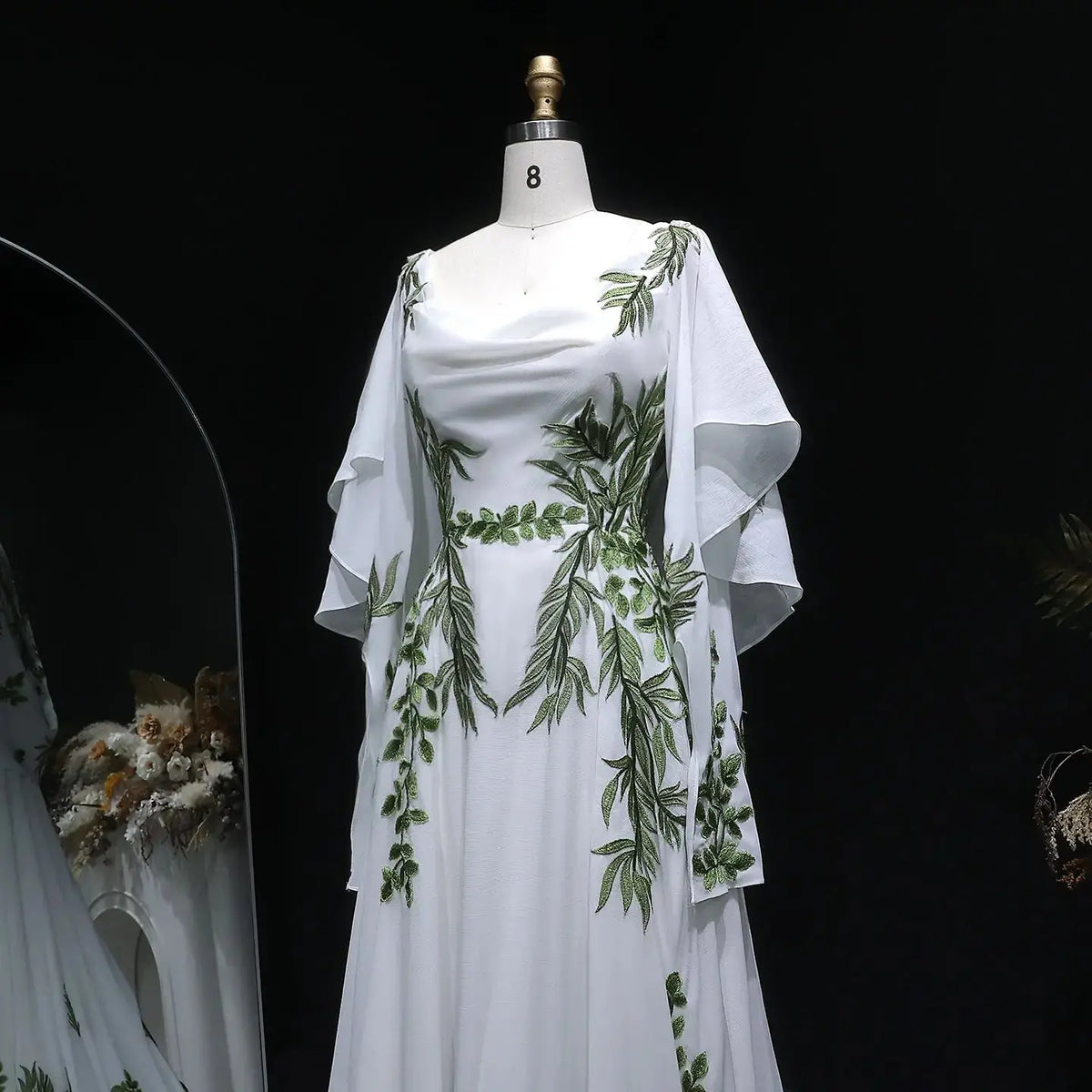 Luxury White & Green Botanical Print Cape Boho Train Wedding Dress SHARONSAID Luxury White & Green Botanical Print Cape Boho Train Wedding Dress SHARONSAID