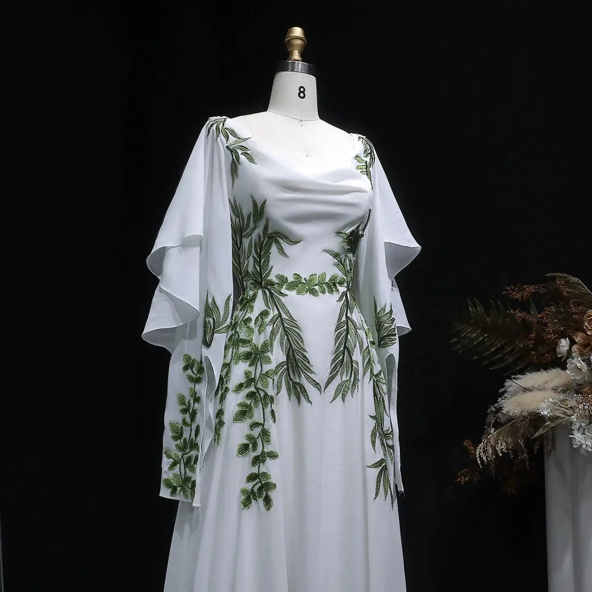 Luxury White & Green Botanical Print Cape Boho Train Wedding Dress SW642 Luxury White & Green Botanical Print Cape Boho Train Wedding Dress SW642