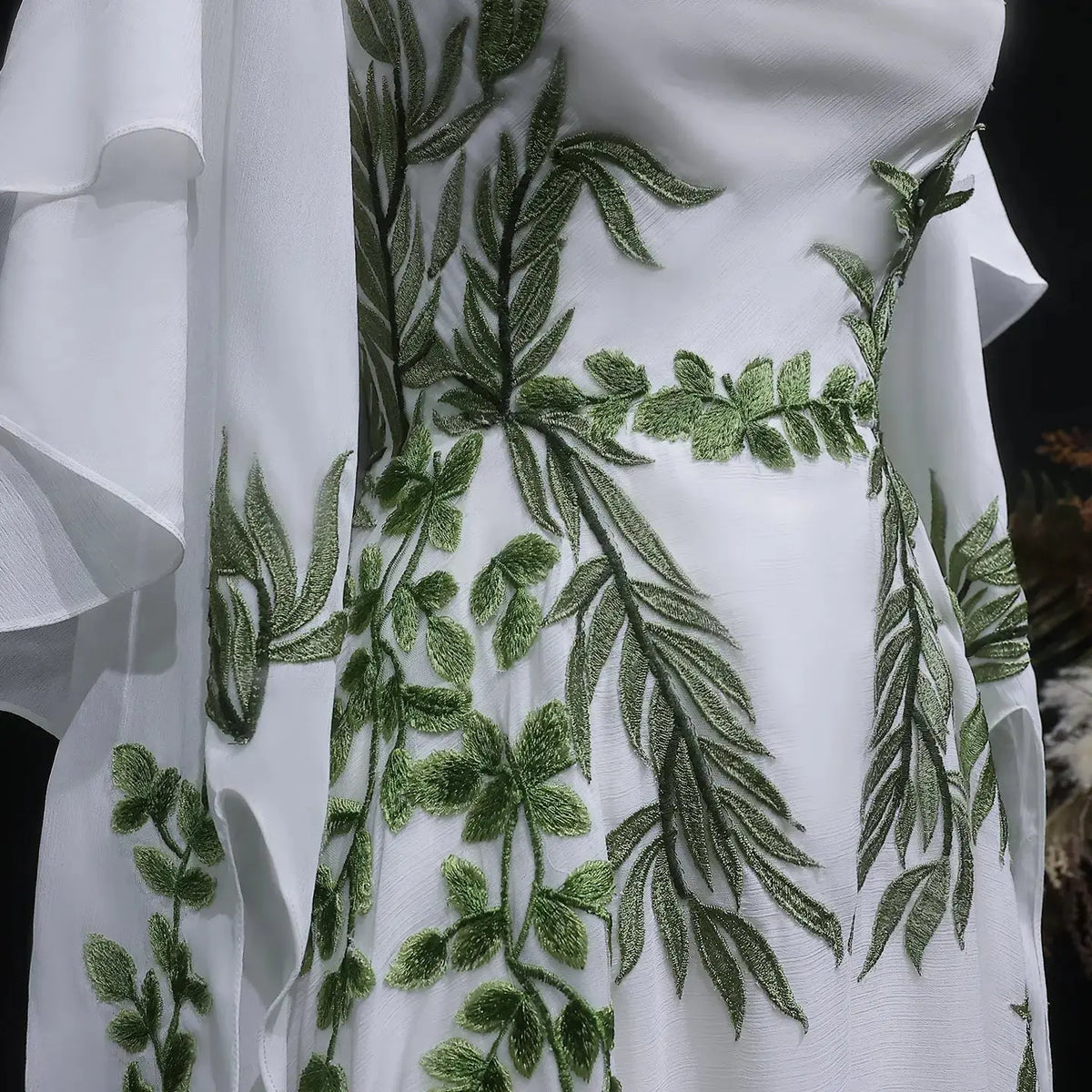 Luxury White & Green Botanical Print Cape Boho Train Wedding Dress SHARONSAID Luxury White & Green Botanical Print Cape Boho Train Wedding Dress SHARONSAID