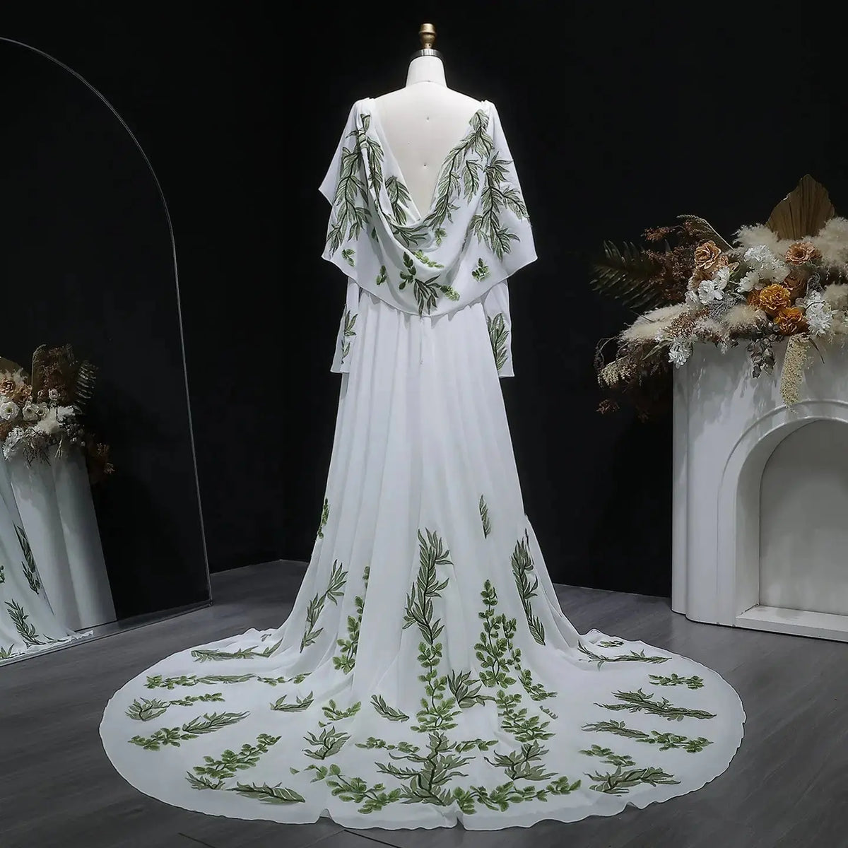 Luxury White & Green Botanical Print Cape Boho Train Wedding Dress SW642 Luxury White & Green Botanical Print Cape Boho Train Wedding Dress SW642