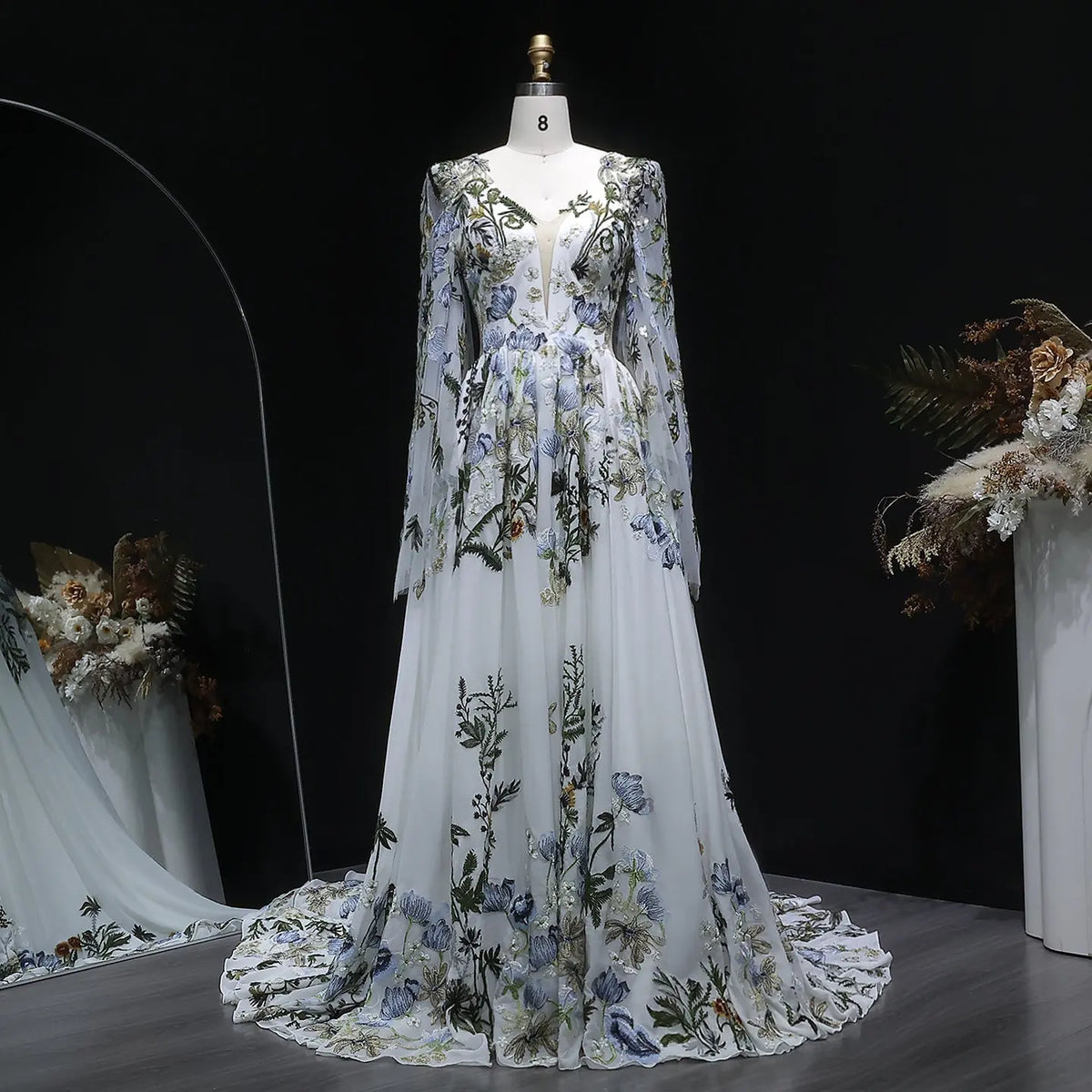 Luxury Floral Embroidery Long Sleeve Boho Train Wedding Dress SW641 Luxury Floral Embroidery Long Sleeve Boho Train Wedding Dress SW641