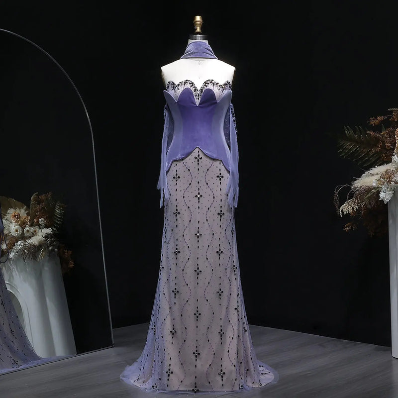 Elegant Beaded Strapless Purple Evening Dress with Scarf and Gloves SS269 