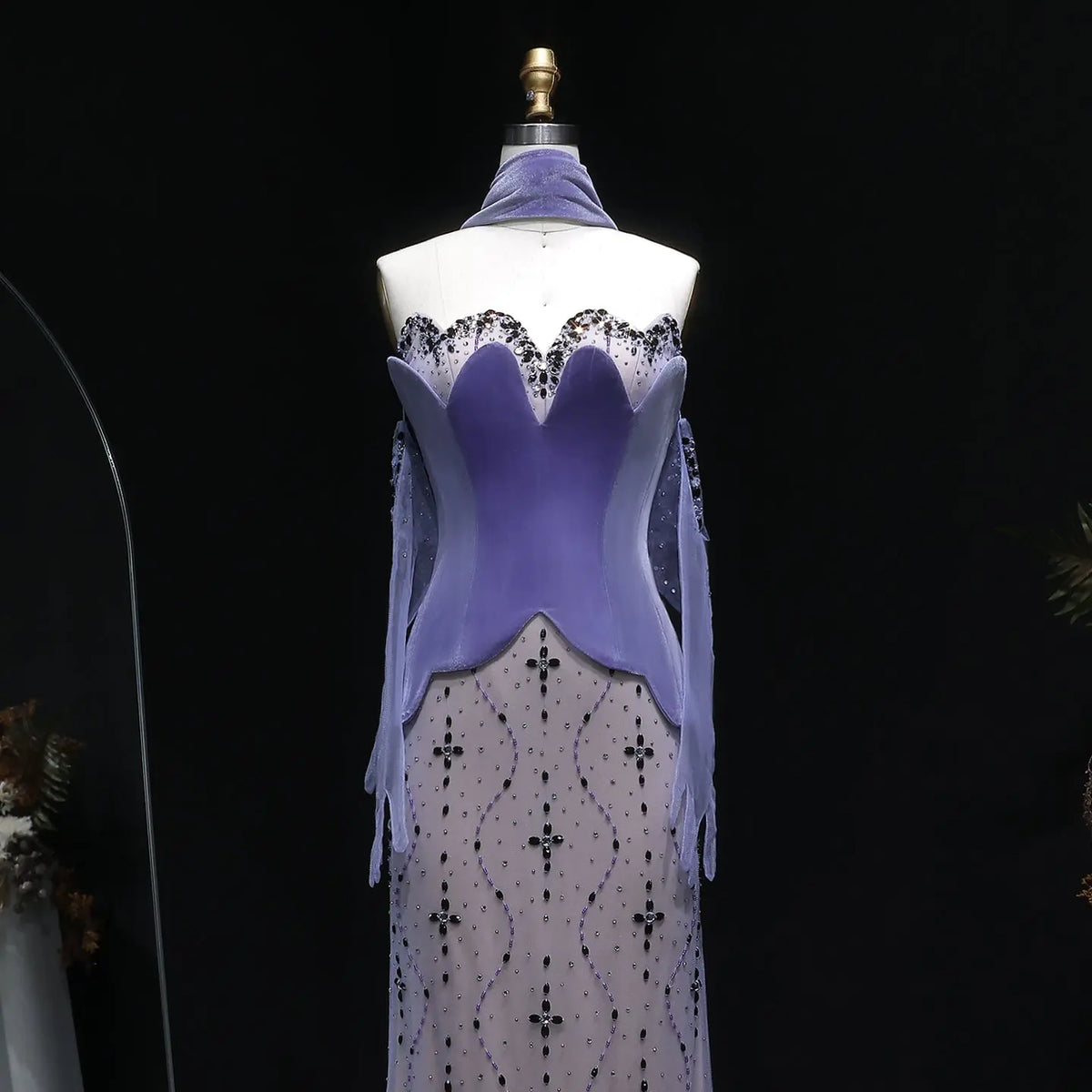 Elegant Beaded Strapless Purple Evening Dress with Scarf and Gloves SS269 