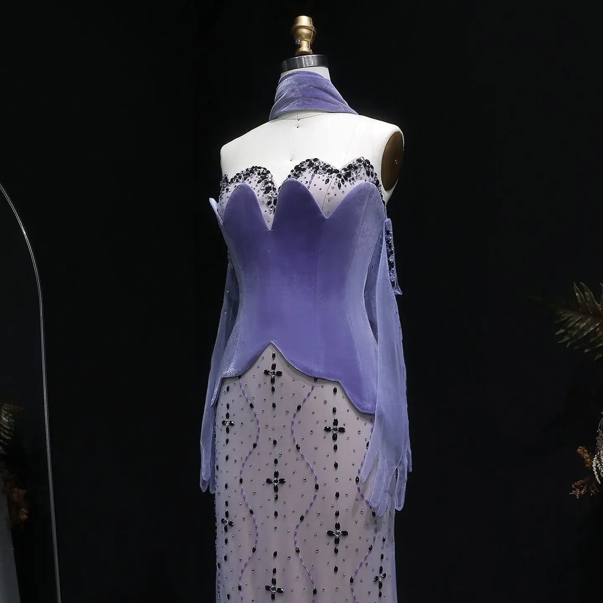 Elegant Beaded Strapless Purple Evening Dress with Scarf and Gloves SS269 
