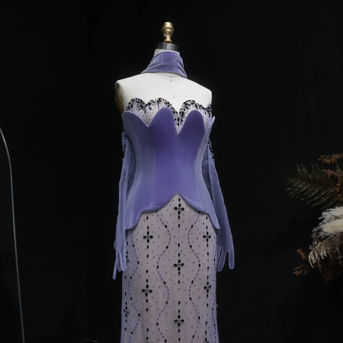 Elegant Beaded Strapless Purple Evening Dress with Scarf and Gloves SS269 