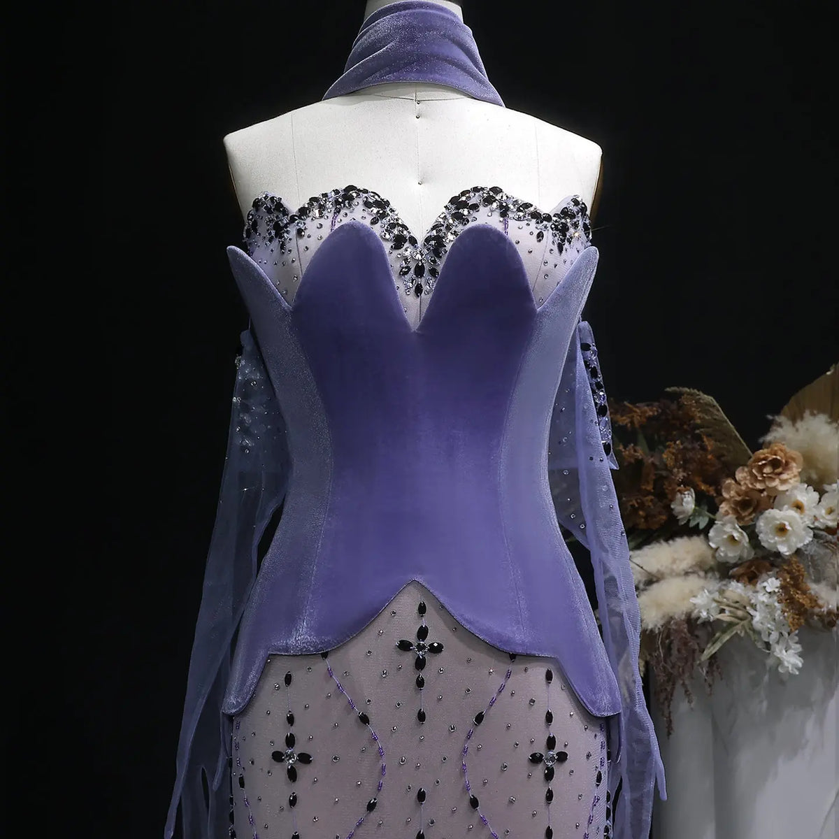 Elegant Beaded Strapless Purple Evening Dress with Scarf and Gloves SS269 