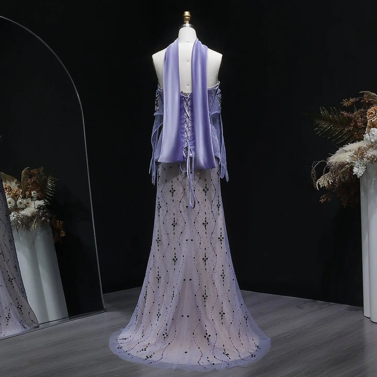 Elegant Beaded Strapless Purple Evening Dress with Scarf and Gloves SS269 